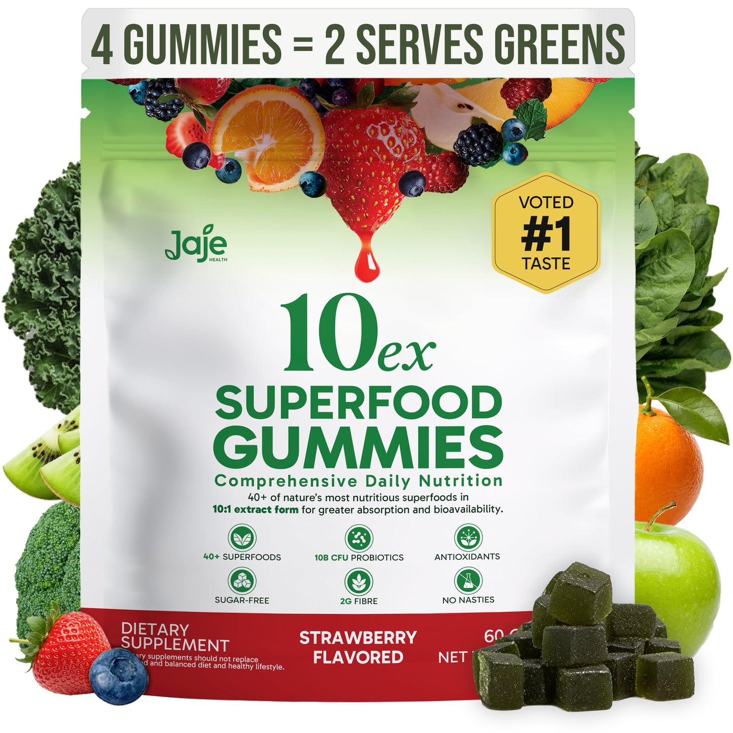 Jaje Health 10EX Plant-Based Gummies, Strawberry Flavor, Vegan Low Sugar Chewy Snack with Fruit & Vegetable Extracts, No Artificial Colors or Preservatives