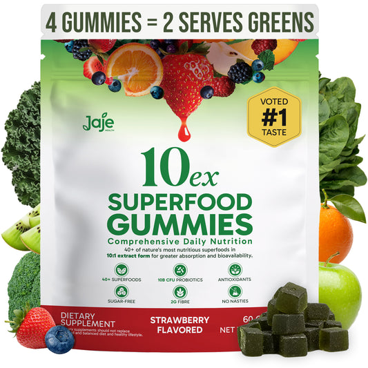 Jaje Health 10EX Plant-Based Gummies, Strawberry Flavor, Vegan Low Sugar Chewy Snack with Fruit & Vegetable Extracts, No Artificial Colors or Preservatives