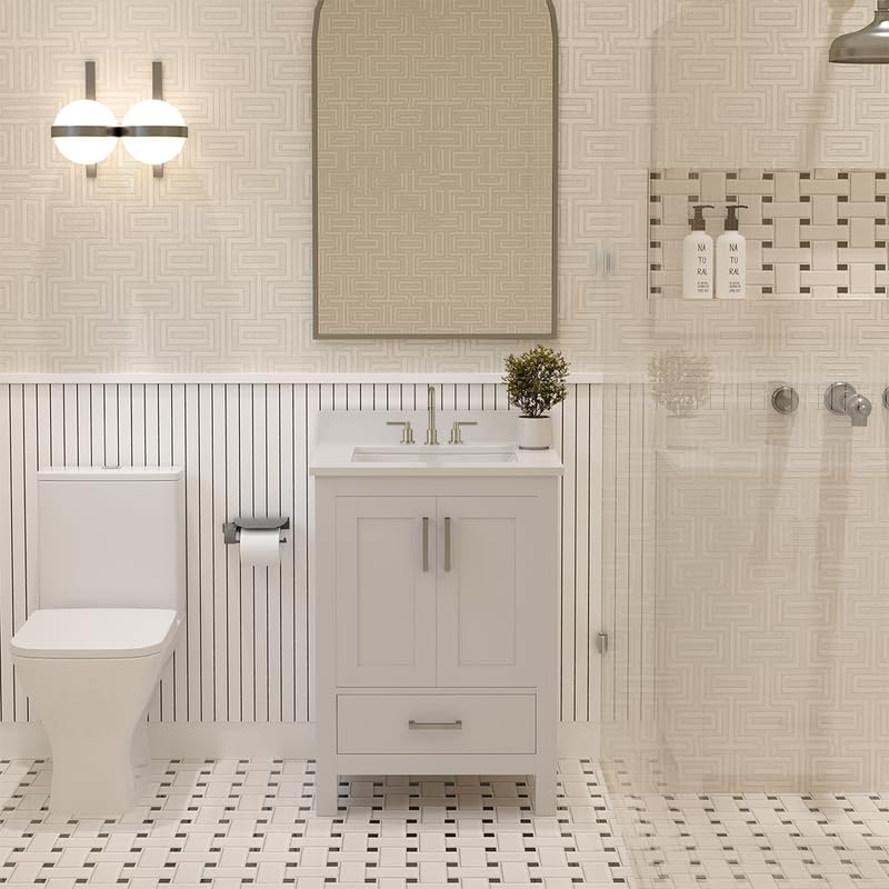Ayna Decors Rooh 24" Solid Wood Bathroom Vanity with Sink – White, 3 Pre-Drilled Faucet Holes, 2 Soft-Close Doors, 1 Full-Extension Drawer, Brushed Nickel Handles