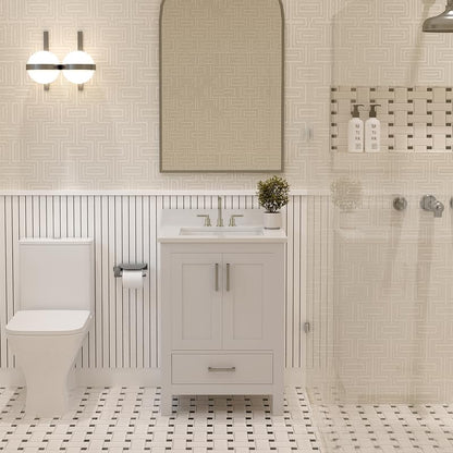 Ayna Decors Rooh 24" Solid Wood Bathroom Vanity with Sink – White, 3 Pre-Drilled Faucet Holes, 2 Soft-Close Doors, 1 Full-Extension Drawer, Brushed Nickel Handles