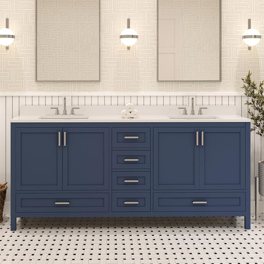 Ayna Decors Rooh 72 Inch Navy Blue Bathroom Vanity with Three Faucet Holes Quartz Countertop, 4 Soft Closing Doors and 5 Full Extension Drawers, Brushed Nickel Hardware