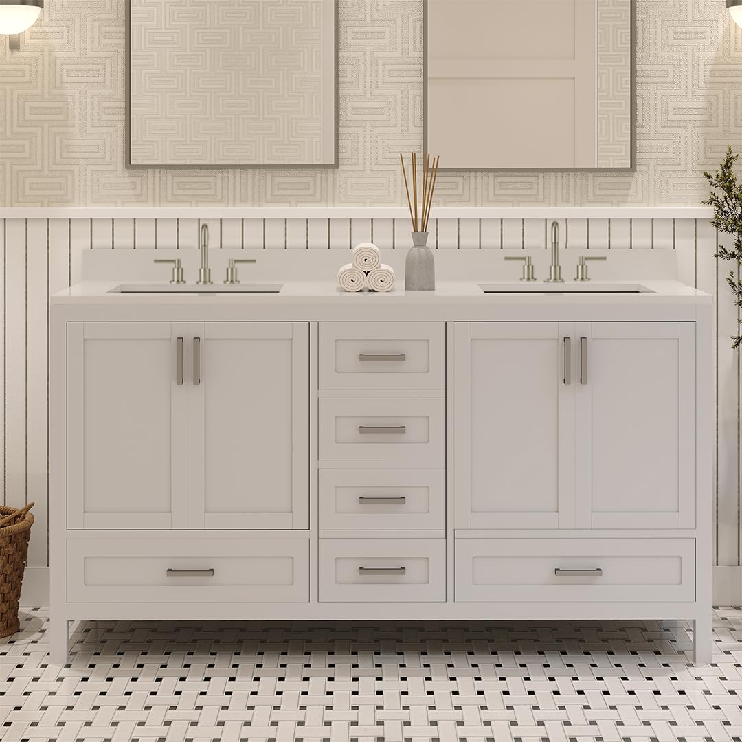 Ayna Decors Rooh 60 Inch White Bathroom Vanity with Three Faucet Holes Quartz Countertop, 4 Soft Closing Doors and 5 Full Extension Drawers, Brushed Nickel Hardware