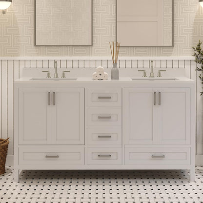 Ayna Decors Rooh 60 Inch White Bathroom Vanity with Three Faucet Holes Quartz Countertop, 4 Soft Closing Doors and 5 Full Extension Drawers, Brushed Nickel Hardware