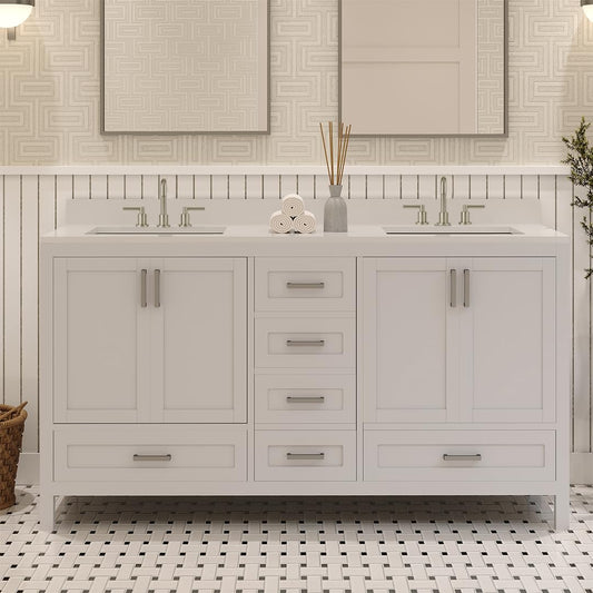 Ayna Decors Rooh 60 Inch White Bathroom Vanity with Three Faucet Holes Quartz Countertop, 4 Soft Closing Doors and 5 Full Extension Drawers, Brushed Nickel Hardware
