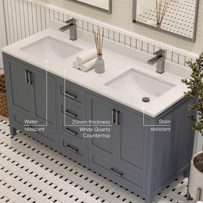 Ayna Decors Rooh 60 Inch Charcoal Grey Bathroom Vanity with Sink, Quartz Countertop, 4 Soft Closing Doors and 5 Full Extension Drawers, Brushed Nickel Hardware