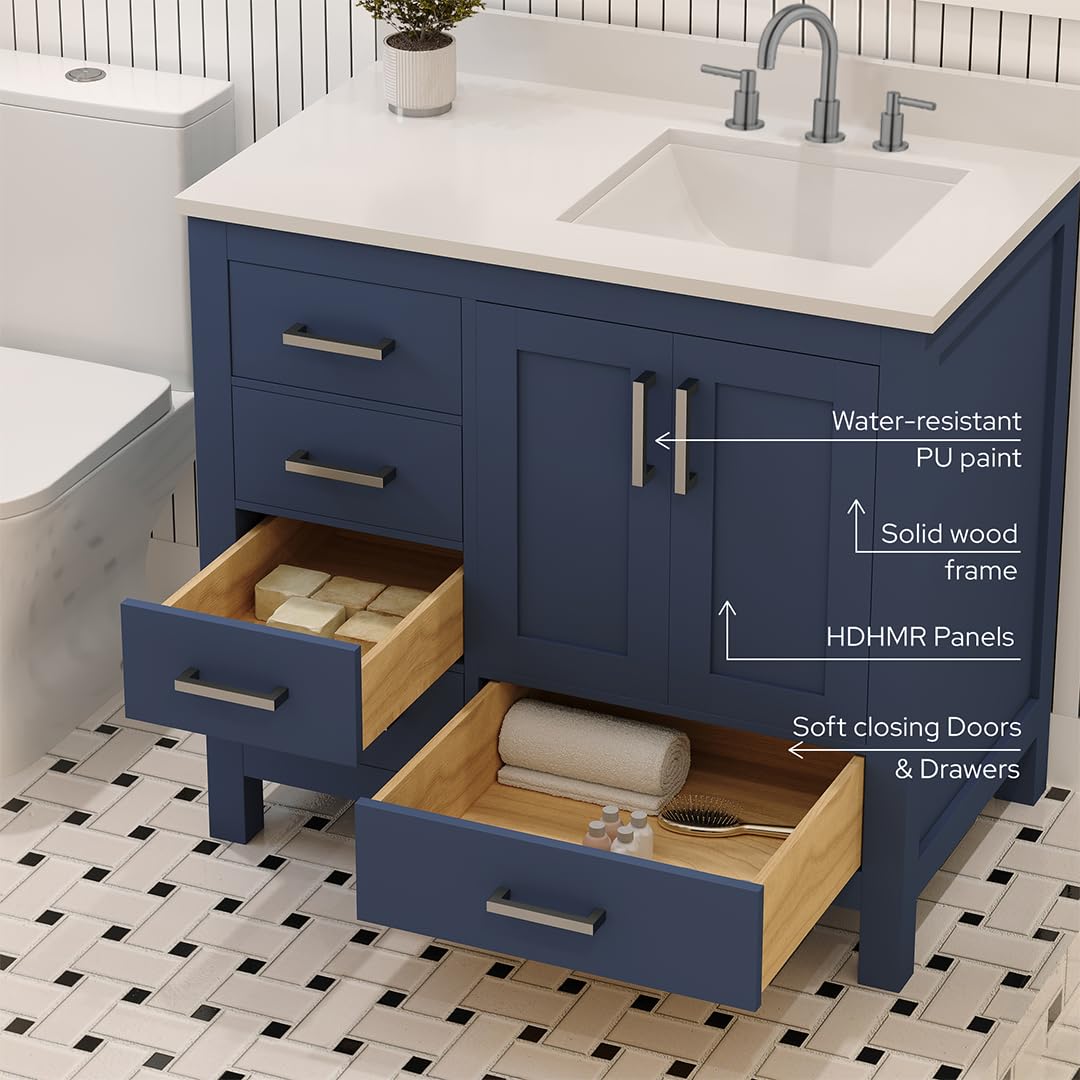 Ayna Decors Rooh 36 Inch Navy Blue Bathroom Vanity with Sink, Three Faucet Holes Quartz Top, 2 Soft Closing Doors, and 4 Full Extension Drawers, Brushed Nickel Hardware