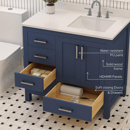 Ayna Decors Rooh 36 Inch Navy Blue Bathroom Vanity with Sink, Three Faucet Holes Quartz Top, 2 Soft Closing Doors, and 4 Full Extension Drawers, Brushed Nickel Hardware