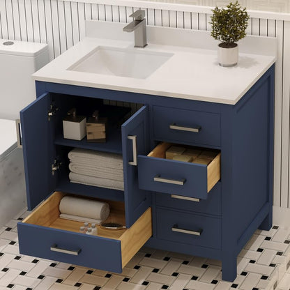 Ayna Decors Rooh 36 Inch Navy Blue Bathroom Vanity with Sink, Quartz Countertop, 2 Soft Closing Doors, and 4 Full Extension Drawers, Brushed Nickel Hardware