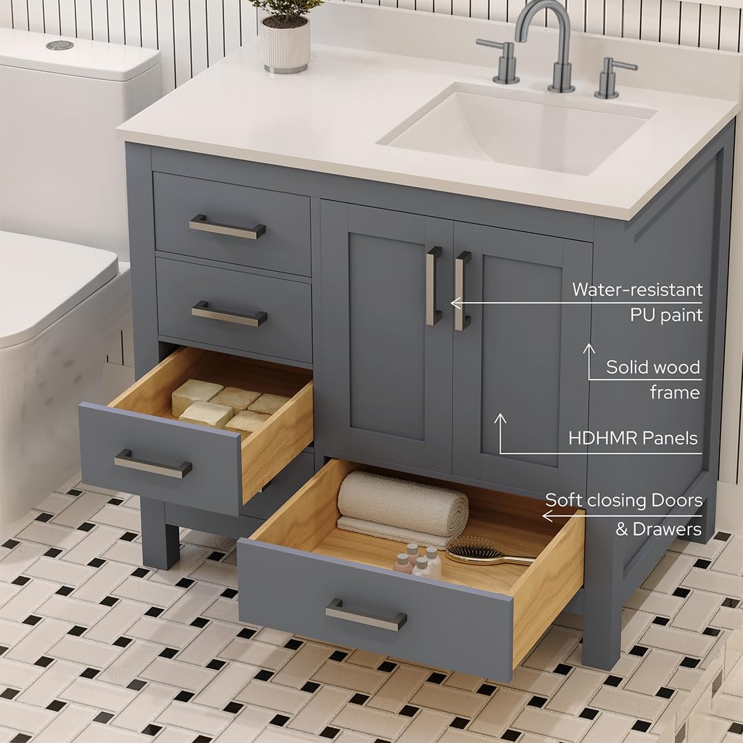 Ayna Decors Rooh 36 Inch Navy Blue Bathroom Vanity with Sink, Quartz Countertop, 2 Soft Closing Doors, and 4 Full Extension Drawers, Brushed Nickel Hardware