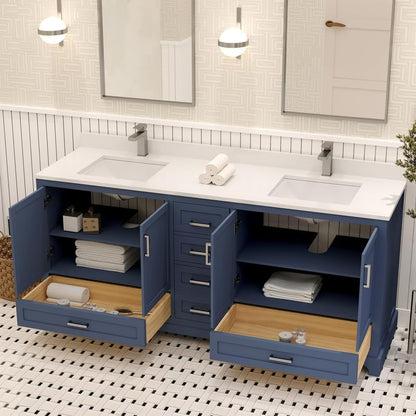 Ayna Decors Maya 72 Inch Navy Blue Bathroom Vanity with Sink, Quartz Countertop, 4 Soft Closing Doors and 5 Full Extension Drawers, Brushed Nickel Hardware