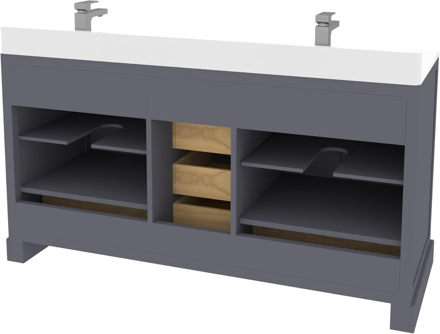 Ayna Decors Maya 60 Inch Charcoal Grey Bathroom Vanity with Sink, Quartz Countertop, 4 Soft Closing Doors and 5 Full Extension Drawers, Brushed Nickel Hardware