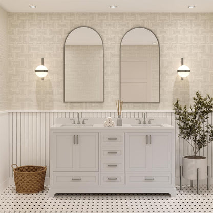 Ayna Decors Maya 60 Inch White Bathroom Vanity with Three Faucet Holes Quartz Countertop, 4 Soft Closing Doors and 5 Full Extension Drawers, Brushed Nickel Hardware