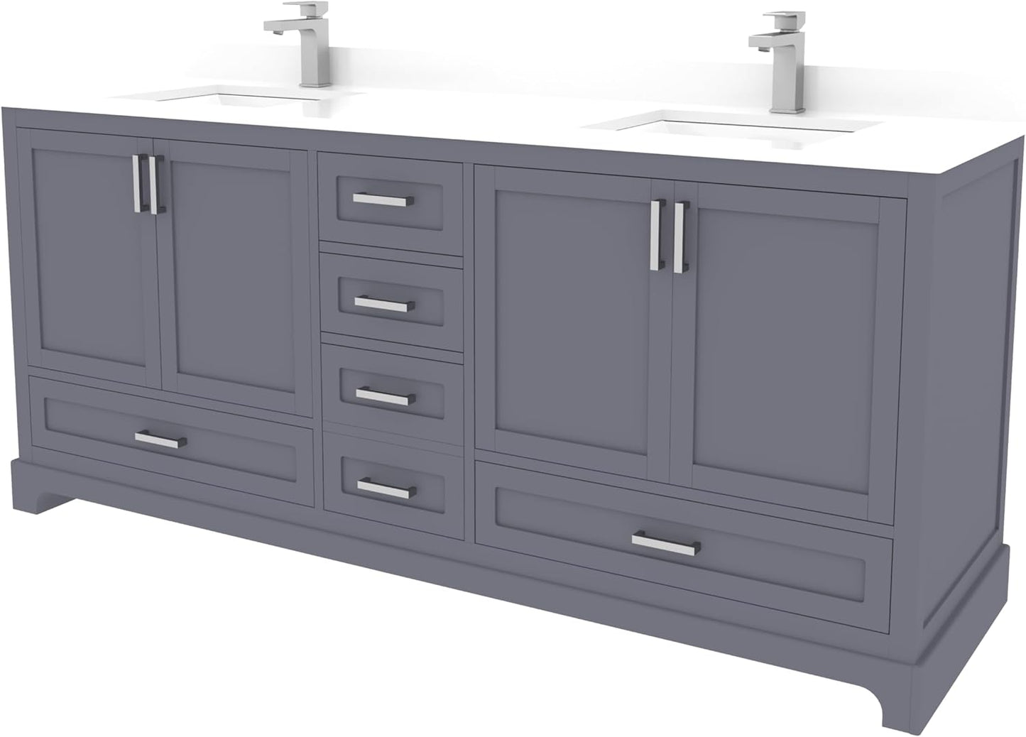 Ayna Decors Maya 72 Inch Charcoal Grey Bathroom Vanity with Sink, Quartz Countertop, 4 Soft Closing Doors and 5 Full Extension Drawers, Brushed Nickel Hardware