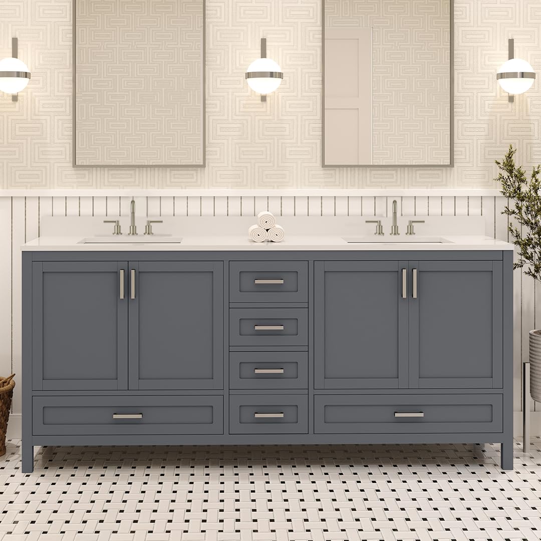 Ayna Decors Rooh 72 Inch Charcoal Grey Bathroom Vanity with Sink, Quartz Countertop, 4 Soft Closing Doors and 5 Full Extension Drawers, Brushed Nickel Hardware