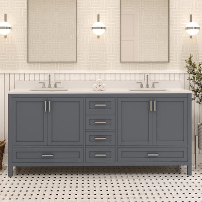 Ayna Decors Rooh 72 Inch Charcoal Grey Bathroom Vanity with Sink, Quartz Countertop, 4 Soft Closing Doors and 5 Full Extension Drawers, Brushed Nickel Hardware