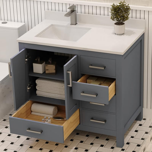 Ayna Decors Rooh 36 Inch Charcoal Grey Bathroom Vanity with Sink, Quartz Countertop, 2 Soft Closing Doors, and 4 Full Extension Drawers, Brushed Nickel Hardware