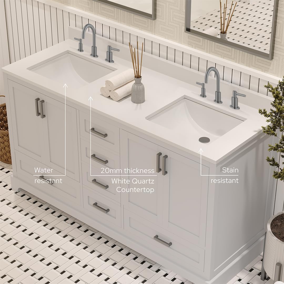 Ayna Decors Maya 60 Inch White Bathroom Vanity with Three Faucet Holes Quartz Countertop, 4 Soft Closing Doors and 5 Full Extension Drawers, Brushed Nickel Hardware