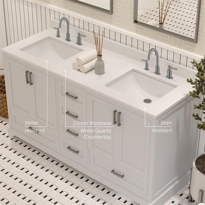 Ayna Decors Maya 60 Inch White Bathroom Vanity with Three Faucet Holes Quartz Countertop, 4 Soft Closing Doors and 5 Full Extension Drawers, Brushed Nickel Hardware