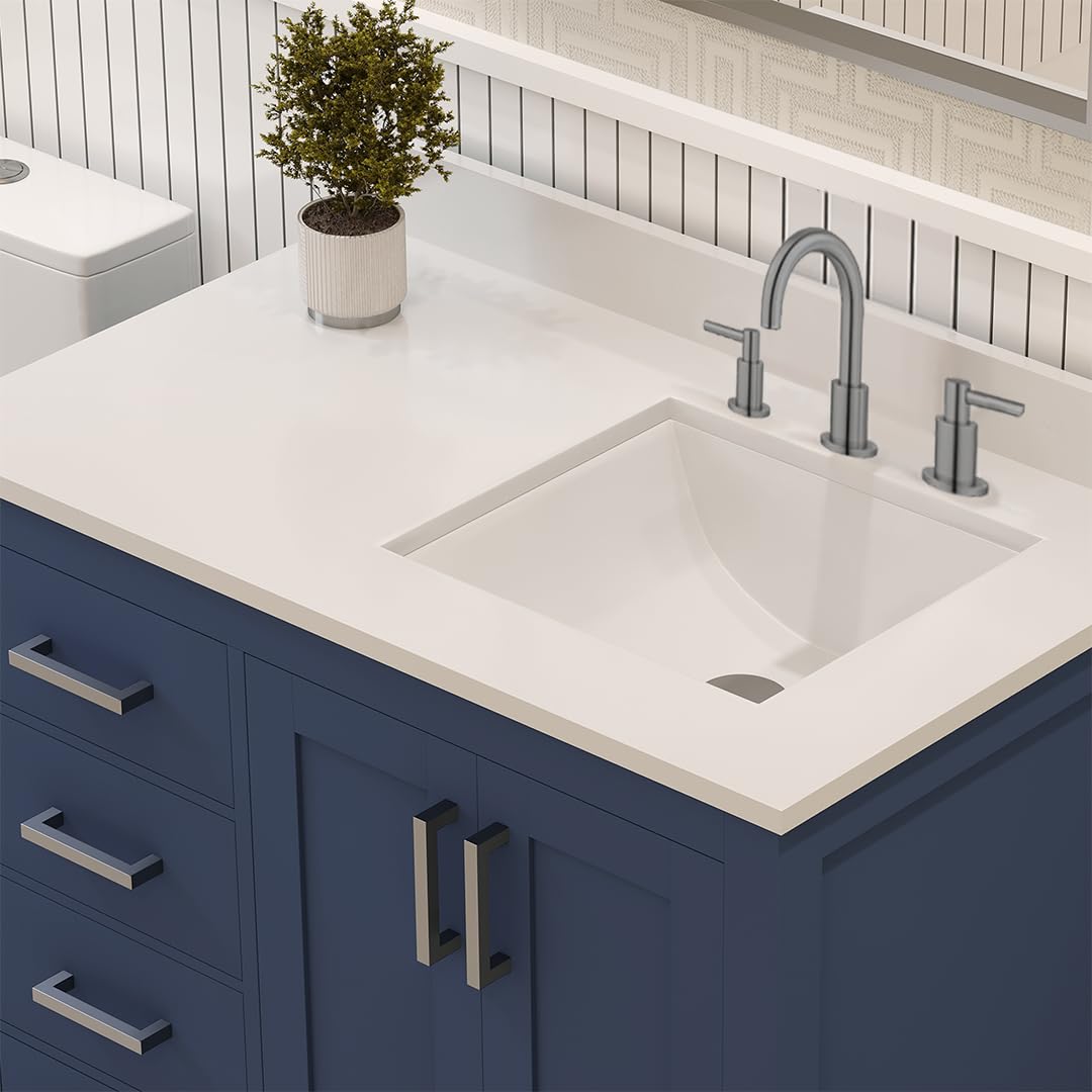 Ayna Decors Rooh 36 Inch Navy Blue Bathroom Vanity with Sink, Three Faucet Holes Quartz Top, 2 Soft Closing Doors, and 4 Full Extension Drawers, Brushed Nickel Hardware