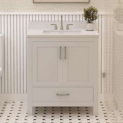 Ayna Decors Rooh 30" Solid Wood Bathroom Vanity with Sink – White, 3 Pre-Drilled Faucet Holes, 2 Soft-Close Doors, 1 Full-Extension Drawer, Brushed Nickel Handles