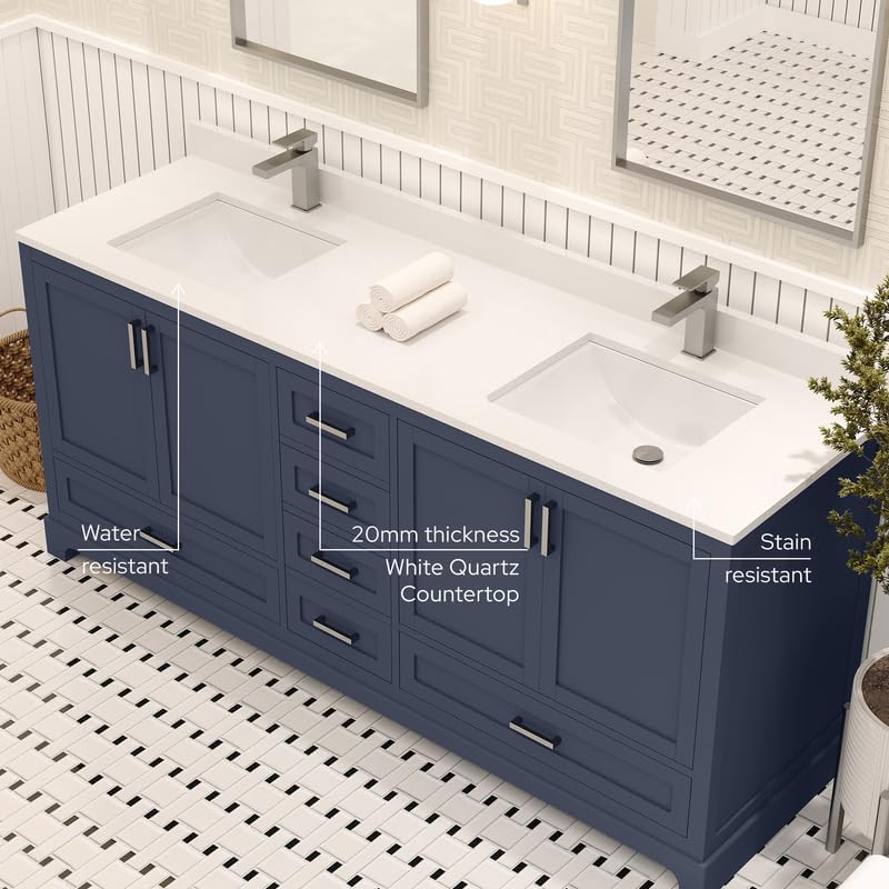 Ayna Decors Maya 72 Inch Navy Blue Bathroom Vanity with Sink, Quartz Countertop, 4 Soft Closing Doors and 5 Full Extension Drawers, Brushed Nickel Hardware
