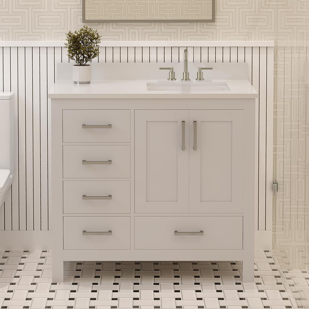 Ayna Decors Rooh 36 Inch White Bathroom Vanity with Sink, Three Faucet Holes Quartz Top, 2 Soft Closing Doors, and 4 Full Extension Drawers, Brushed Nickel Hardware