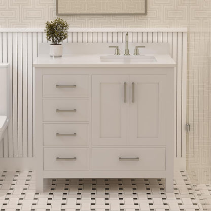 Ayna Decors Rooh 36 Inch White Bathroom Vanity with Sink, Three Faucet Holes Quartz Top, 2 Soft Closing Doors, and 4 Full Extension Drawers, Brushed Nickel Hardware