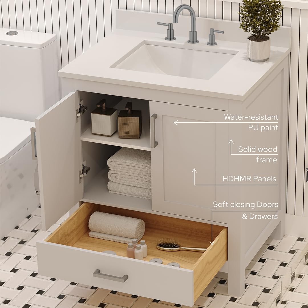 Ayna Decors Rooh 30" Solid Wood Bathroom Vanity with Sink – White, 3 Pre-Drilled Faucet Holes, 2 Soft-Close Doors, 1 Full-Extension Drawer, Brushed Nickel Handles