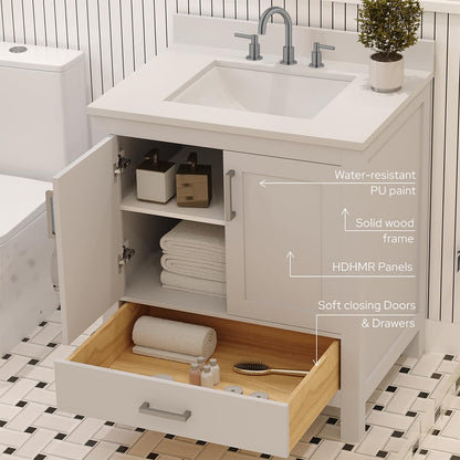 Ayna Decors Rooh 30" Solid Wood Bathroom Vanity with Sink – White, 3 Pre-Drilled Faucet Holes, 2 Soft-Close Doors, 1 Full-Extension Drawer, Brushed Nickel Handles