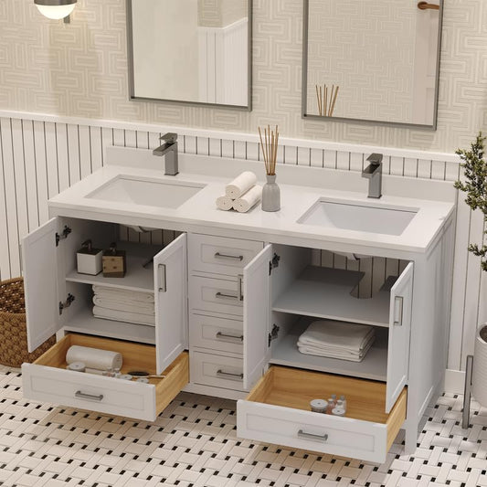 Ayna Decors Rooh 60 Inch White Bathroom Vanity with Sink, Quartz Countertop, 4 Soft Closing Doors and 5 Full Extension Drawers, Brushed Nickel Hardware