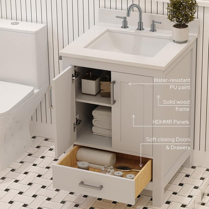 Ayna Decors Rooh 24" Solid Wood Bathroom Vanity with Sink – White, 3 Pre-Drilled Faucet Holes, 2 Soft-Close Doors, 1 Full-Extension Drawer, Brushed Nickel Handles