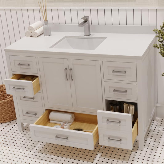 Ayna Decors Rooh 48 Inch White Bathroom Vanity with Sink, Quartz Countertop, 2 Soft Closing Doors, and 7 Full Extension Drawers, Brushed Nickel Hardware