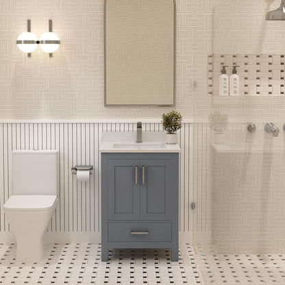 Ayna Decors Rooh 24 Inch Charcoal Grey Bathroom Vanity with Sink, Quartz Countertop, 2 Soft Closing Doors and 1 Full Extension Drawer, Brushed Nickel Hardware