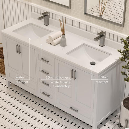 Ayna Decors Rooh 60 Inch White Bathroom Vanity with Sink, Quartz Countertop, 4 Soft Closing Doors and 5 Full Extension Drawers, Brushed Nickel Hardware