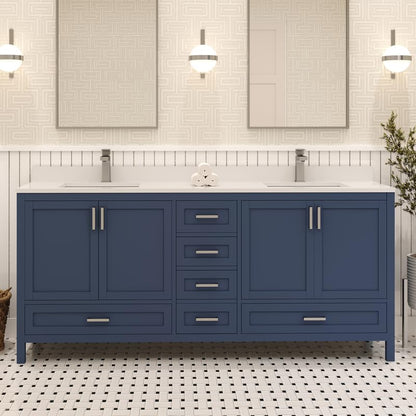 Ayna Decors Rooh 72 Inch Navy Blue Bathroom Vanity with Sink, Quartz Countertop, 4 Soft Closing Doors and 5 Full Extension Drawers, Brushed Nickel Hardware