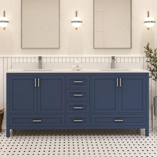 Ayna Decors Rooh 72 Inch Navy Blue Bathroom Vanity with Sink, Quartz Countertop, 4 Soft Closing Doors and 5 Full Extension Drawers, Brushed Nickel Hardware