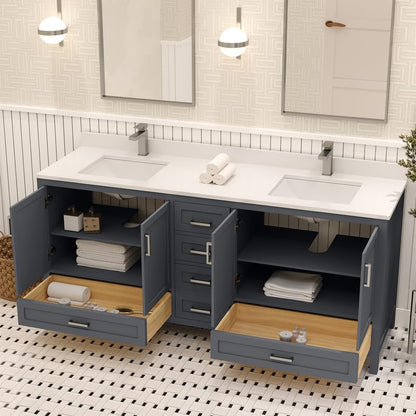 Ayna Decors Rooh 72 Inch Charcoal Grey Bathroom Vanity with Sink, Quartz Countertop, 4 Soft Closing Doors and 5 Full Extension Drawers, Brushed Nickel Hardware