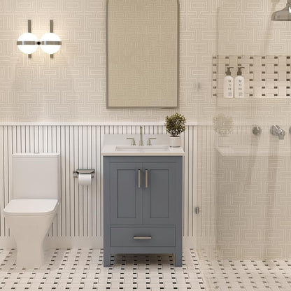 Ayna Decors Rooh 24" Solid Wood Bathroom Vanity with Sink – Charcoal Grey, 3 Pre-Drilled Faucet Holes, 2 Soft-Close Doors, 1 Full-Extension Drawer, Brushed Nickel Handles