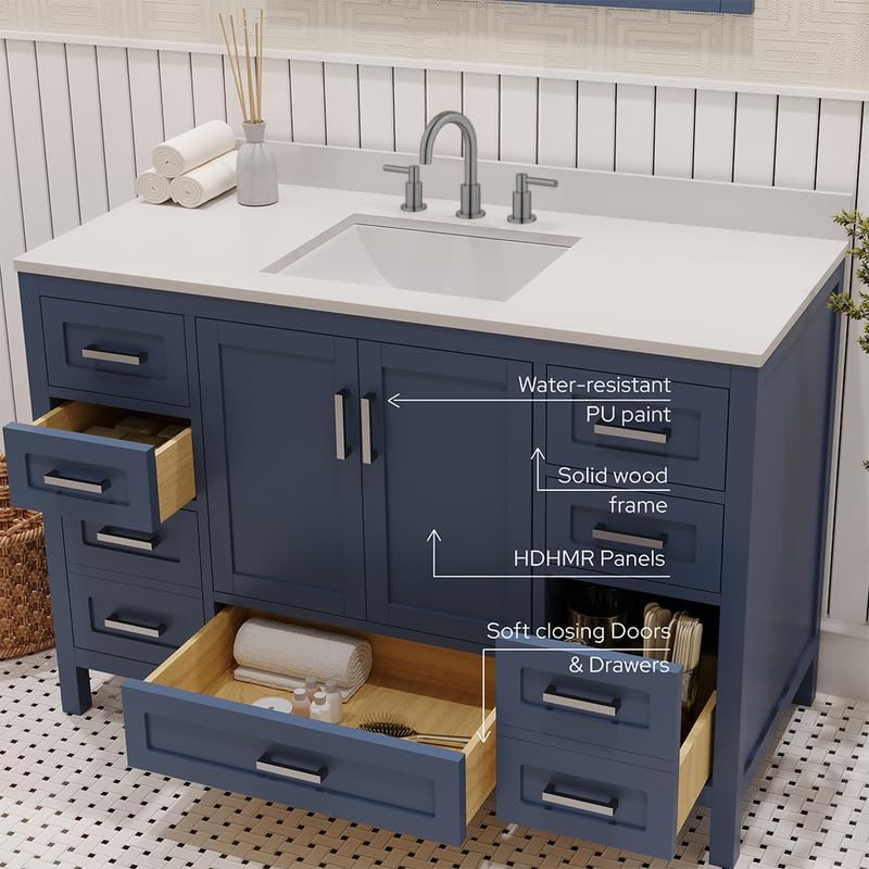 Ayna Decors Rooh 48 Inch Navy Blue Bathroom Vanity with Sink and Quartz Countertop, 3 Pre-Drilled Faucet Holes, 2 Soft Closing Doors, and 7 Full Extension Drawers, Brushed Nickel Hardware