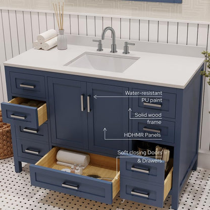 Ayna Decors Rooh 48 Inch Navy Blue Bathroom Vanity with Sink and Quartz Countertop, 3 Pre-Drilled Faucet Holes, 2 Soft Closing Doors, and 7 Full Extension Drawers, Brushed Nickel Hardware