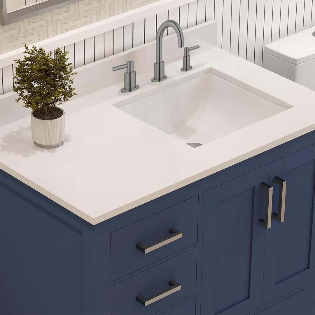 Ayna Decors Rooh 36 in. Left Navy Blue Bathroom Vanity with Sink, Three Faucet Holes Quartz Top, 2 Soft Closing Doors, and 4 Full Extension Drawers, Brushed Nickel Hardware