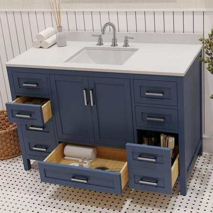 Ayna Decors Rooh 48 Inch Navy Blue Bathroom Vanity with Sink and Quartz Countertop, 3 Pre-Drilled Faucet Holes, 2 Soft Closing Doors, and 7 Full Extension Drawers, Brushed Nickel Hardware