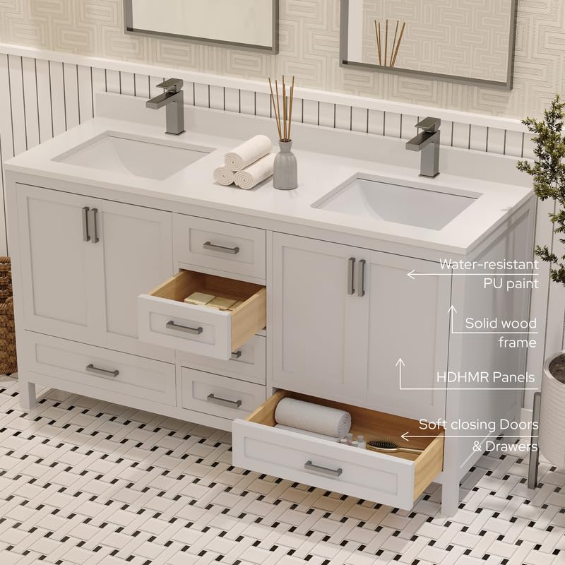 Ayna Decors Rooh 60 Inch White Bathroom Vanity with Sink, Quartz Countertop, 4 Soft Closing Doors and 5 Full Extension Drawers, Brushed Nickel Hardware