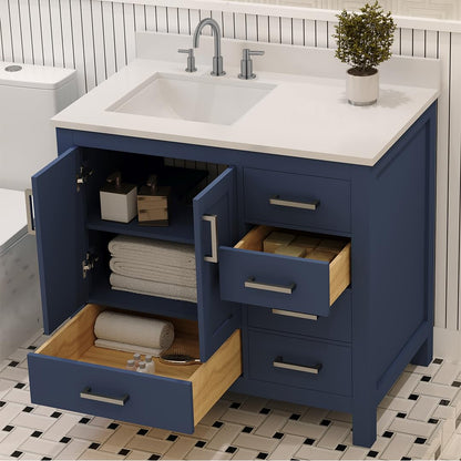 Ayna Decors Rooh 36 in. Left Navy Blue Bathroom Vanity with Sink, Three Faucet Holes Quartz Top, 2 Soft Closing Doors, and 4 Full Extension Drawers, Brushed Nickel Hardware