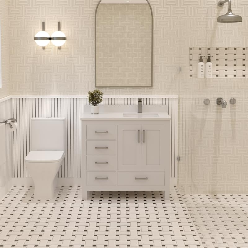 Ayna Decors Rooh 36 Inch White Bathroom Vanity with Sink, Quartz Countertop, 2 Soft Closing Doors, and 4 Full Extension Drawers, Brushed Nickel Hardware
