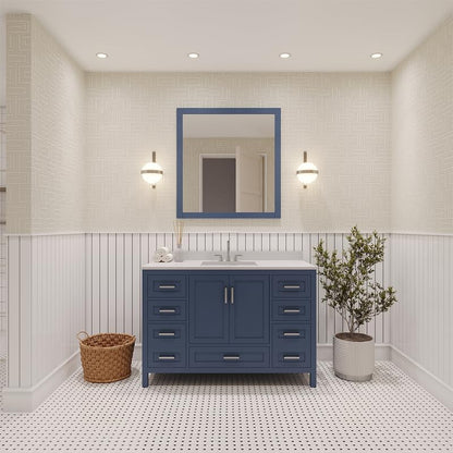 Ayna Decors Rooh 48 Inch Navy Blue Bathroom Vanity with Sink and Quartz Countertop, 3 Pre-Drilled Faucet Holes, 2 Soft Closing Doors, and 7 Full Extension Drawers, Brushed Nickel Hardware
