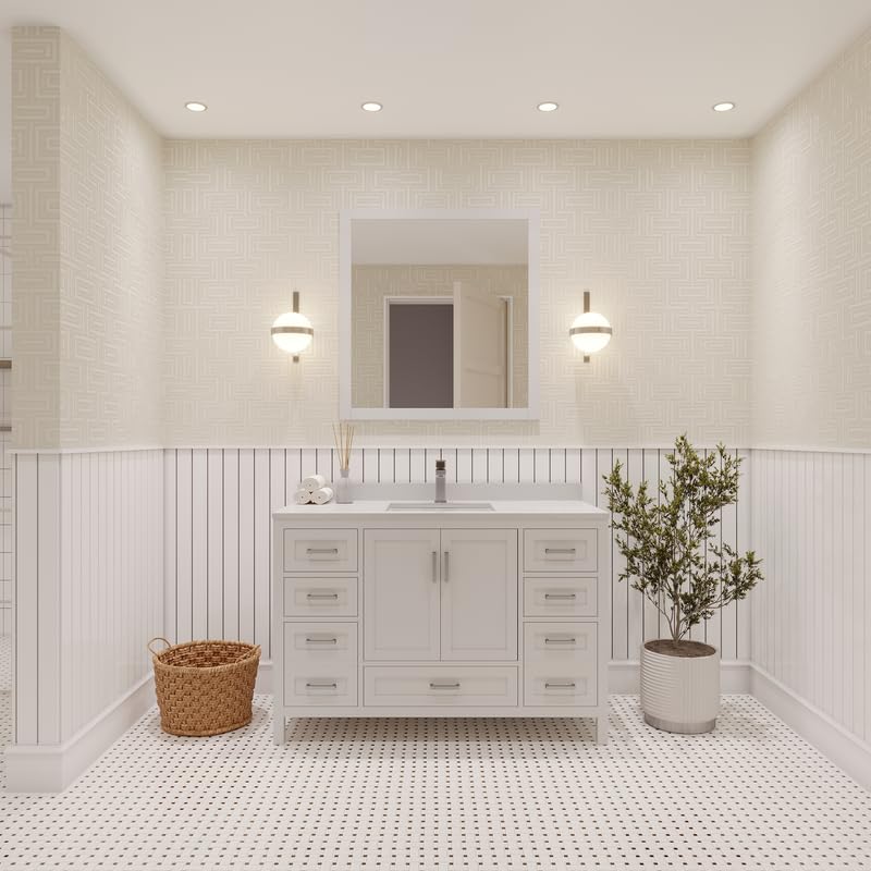 Ayna Decors Rooh 48 Inch White Bathroom Vanity with Sink, Quartz Countertop, 2 Soft Closing Doors, and 7 Full Extension Drawers, Brushed Nickel Hardware