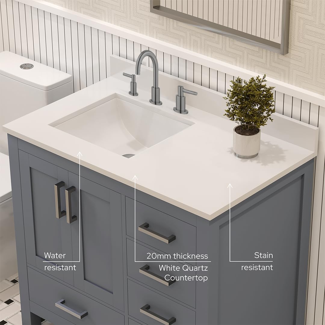Ayna Decors Rooh 36 in. Left Charcoal Grey Bathroom Vanity with Sink, Three Faucet Holes Quartz Top, 2 Soft Closing Doors, and 4 Full Extension Drawers, Brushed Nickel Hardware
