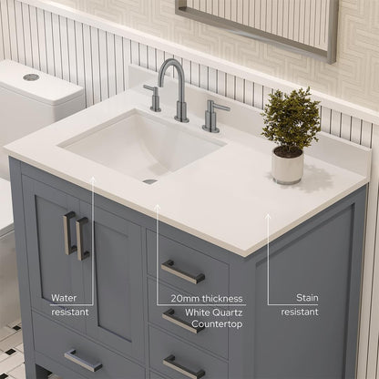 Ayna Decors Rooh 36 in. Left Charcoal Grey Bathroom Vanity with Sink, Three Faucet Holes Quartz Top, 2 Soft Closing Doors, and 4 Full Extension Drawers, Brushed Nickel Hardware