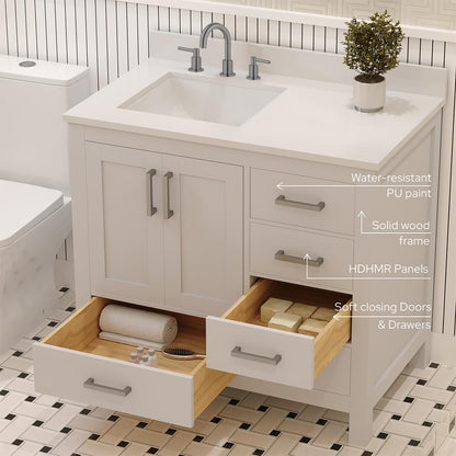 Ayna Decors Rooh 36 in. Left White Bathroom Vanity with Sink, Three Faucet Holes Quartz Top, 2 Soft Closing Doors, and 4 Full Extension Drawers, Brushed Nickel Hardware